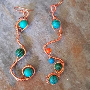 NEW Abstract copper wire wrapped earrings with glass and malachite beads 3" long